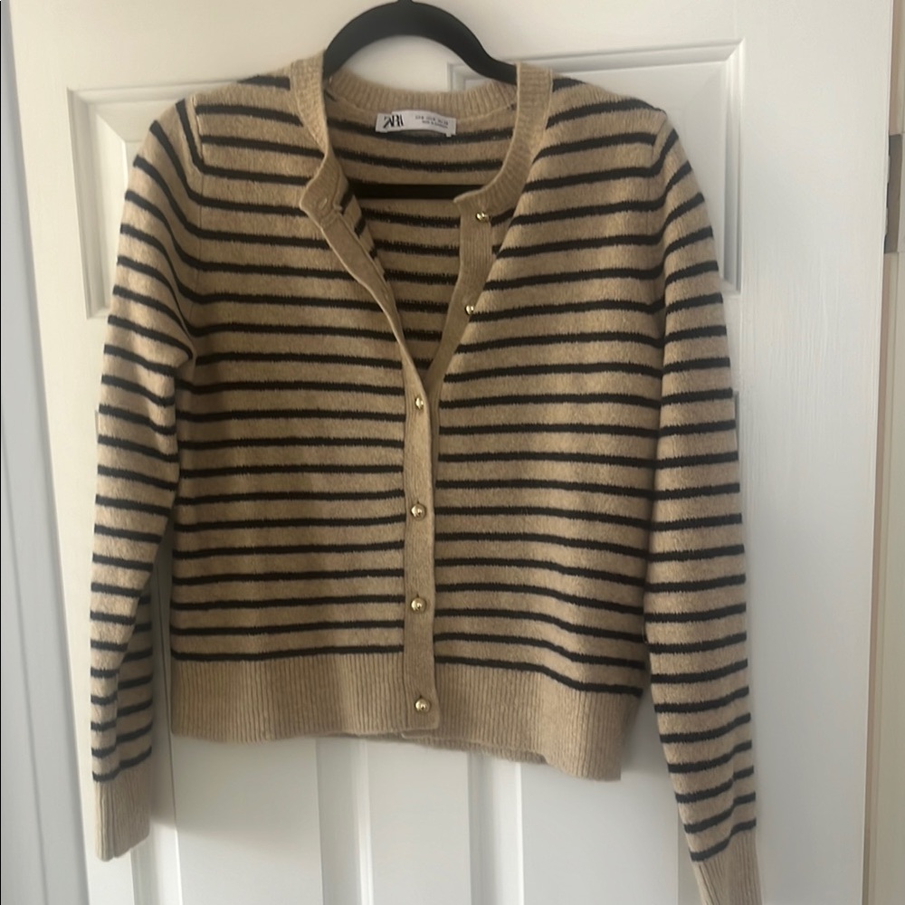 Striped Cardigan Sweater - Tan and Black